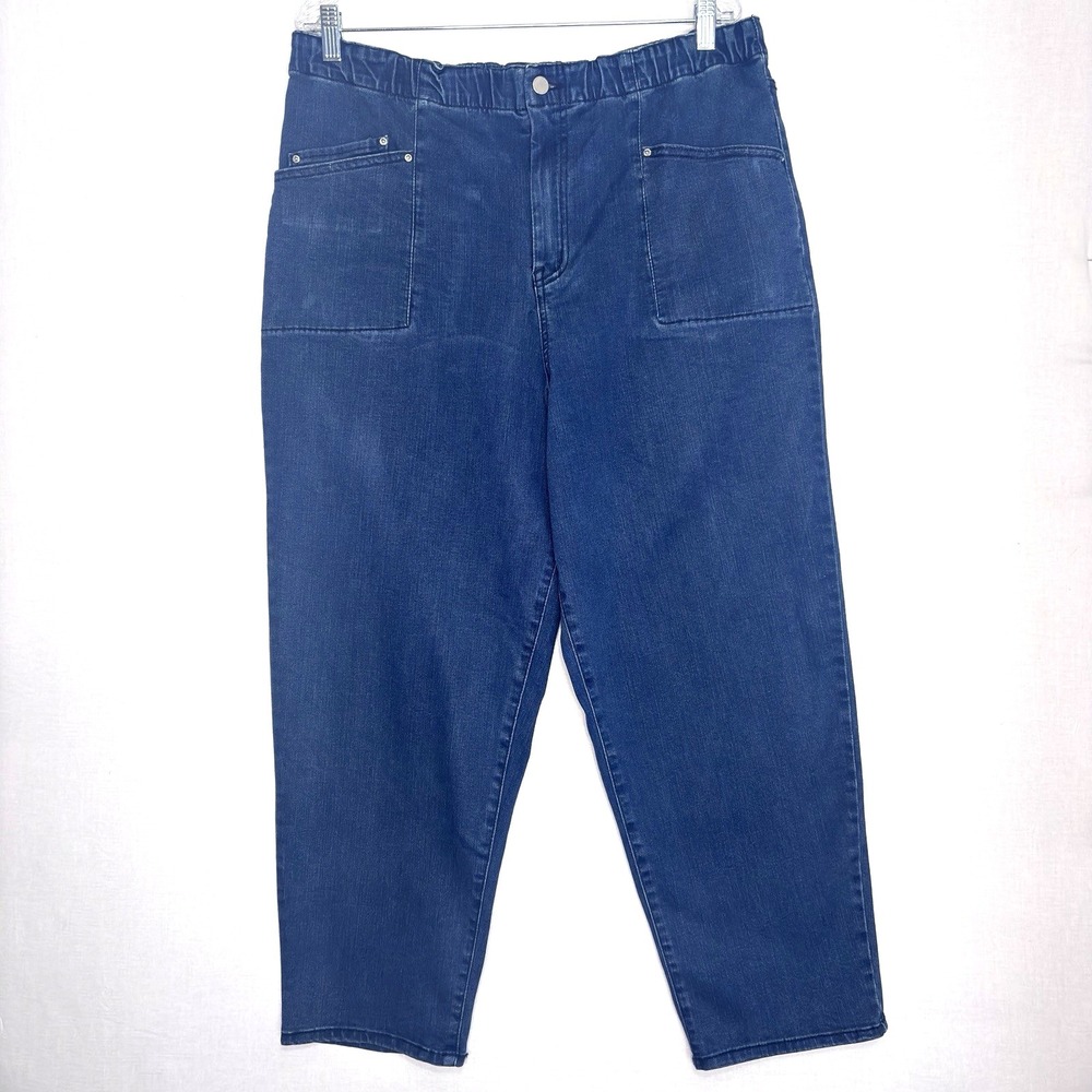 Frayed Barrel Jeans Womens 16/33 Blue Elastic Waist Tapered Leg  Denim Pants